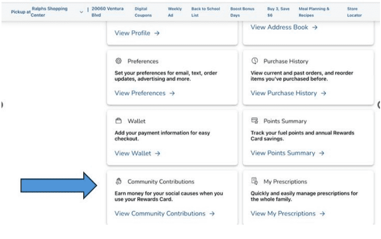 Website menu options with blue arrow highlighted.