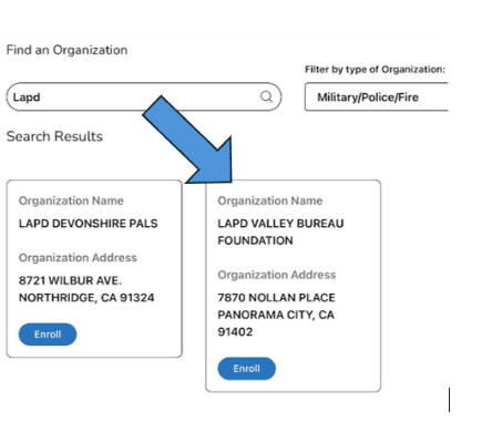 Search results for LAPD organizations displayed.