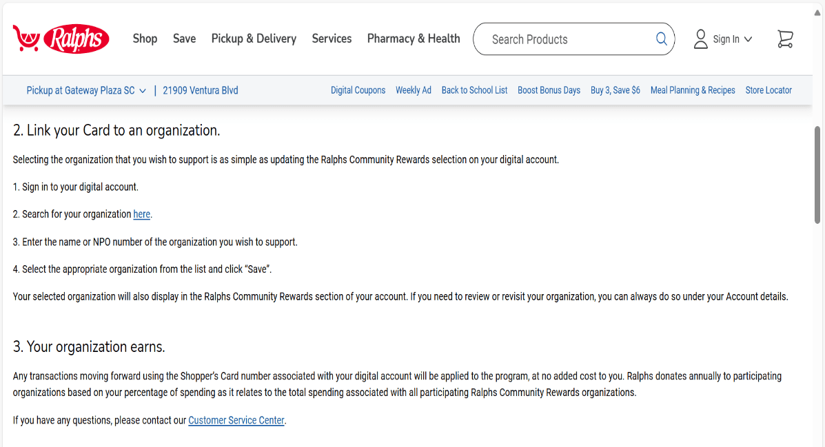 Ralphs Community Rewards program instructions screenshot.